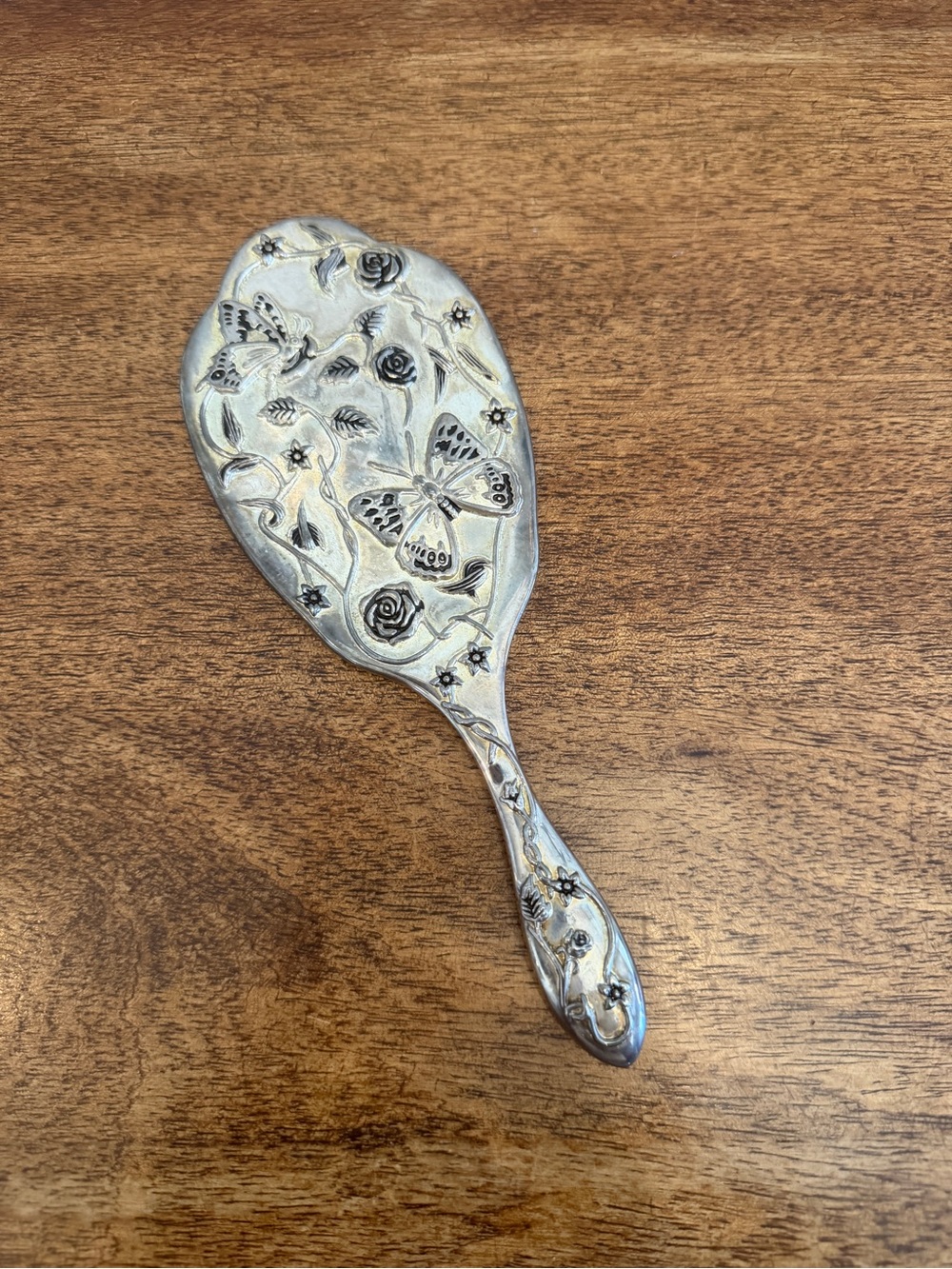 Vintage Silver Tone Hand Mirror Butterfly Rose Floral Ornate Vanity 8”